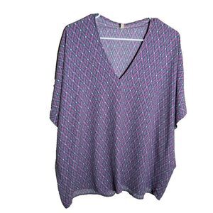 Jodiful Blouse Women's Large Purple V-Neck Short Sleeve Printed Top Shirt